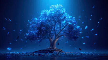 A mesmerizing blue tree illuminated by soft light stands alone in a serene night scene. Falling leaves create a mystical atmosphere, enhancing the beauty of nature.の素材