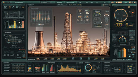 This image showcases a detailed industrial control panel featuring advanced data visualizations and metrics for managing energy production and operational efficiency.の素材