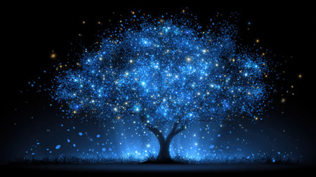 A stunning depiction of a magical tree with luminescent branches and sparkling stars set against a deep blue night sky, evoking a sense of wonder.の素材