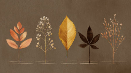 A stunning hand-drawn collection of various leaves in contrasting colors and shapes, perfect for design projects celebrating nature's beauty.の素材
