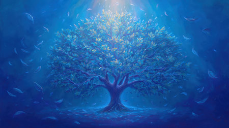 A beautiful illustration of a majestic tree enveloped in soft blue hues, with delicate leaves swirling around, creating a serene and tranquil atmosphere.の素材