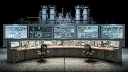 A high-tech industrial control room featuring a series of screens and sophisticated machinery, designed for monitoring and managing power plant operations efficiently.の素材