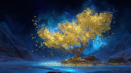 This stunning image showcases a golden tree shimmering under a starry night sky, with glowing leaves that radiate magic and beauty, creating a tranquil atmosphere.の素材