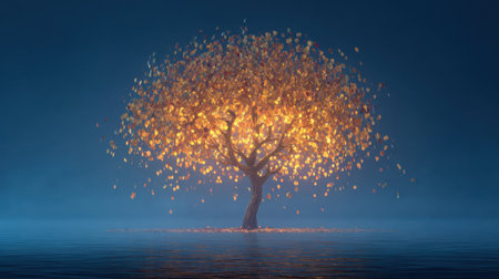A stunning illuminated tree with colorful autumn leaves stands against a foggy landscape, reflecting beautifully on a calm water surface, evoking serenity.の素材