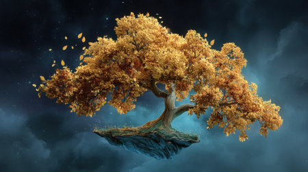 This stunning image features a golden tree floating serenely against a cosmic background, symbolizing magic and tranquility in a surreal landscape.の素材