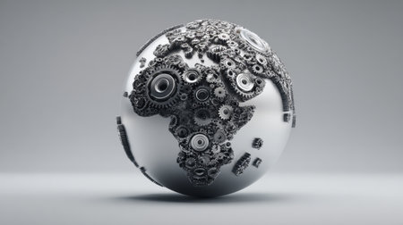 This striking 3D art piece showcases Africa intricately formed by a collage of gears and cogs, set against a sleek, minimalist background.の素材