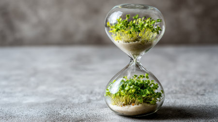 This image features a glass hourglass filled with vibrant microgreens, representing time's passage and life's continual growth in a tranquil setting.の素材