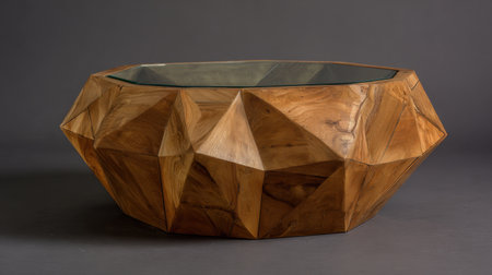 This stunning geometric wooden coffee table features a unique design with a glass top, perfect for enhancing modern interiors and stylish living spaces.の素材