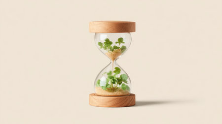 This captivating hourglass showcases vibrant green plants, representing the essence of time and growth, blending natural beauty with a minimalist design.の素材