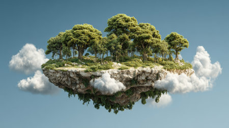 This stunning image depicts a floating island adorned with vibrant green trees and fluffy clouds against a serene blue sky. Perfect for imaginative projects.の素材