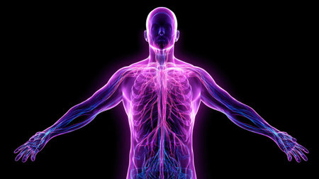 This striking illustration showcases the human body highlighted with a vibrant neon circulatory system against a dark background. Perfect for health and science concepts.の素材
