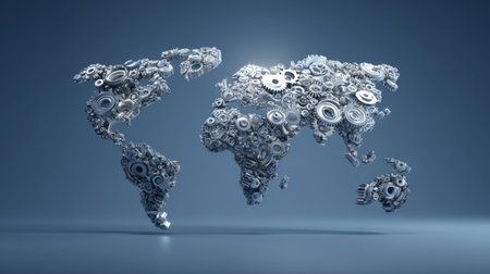 A striking visual representation of a world map composed of intricate metallic gears, illustrating themes of industry, technology, and global connectivity.の素材