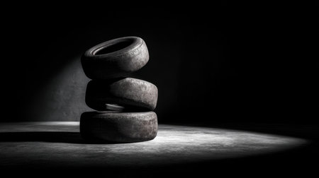 A striking composition of three aged tires stacked vertically, illuminated with dramatic lighting to highlight texture and form in a minimalist setting.の素材