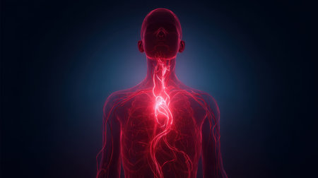 Evocative illustration of human anatomy showcasing a glowing heart and intricate vascular system. A fusion of art and science in a dark, captivating setting.の素材