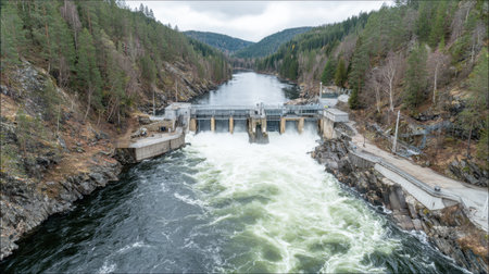 A stunning aerial view of a hydroelectric dam nestled in a mountainous region, showcasing the flowing river and lush greenery. This landscape represents renewable energy and nature's beauty.の素材