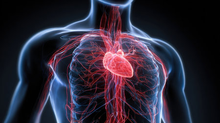 A detailed anatomical illustration showcasing the human heart and blood vessels, emphasizing the delicate structure of the circulatory system. This vibrant image serves educational and artistic purposes in medical and health-related contexts.の素材
