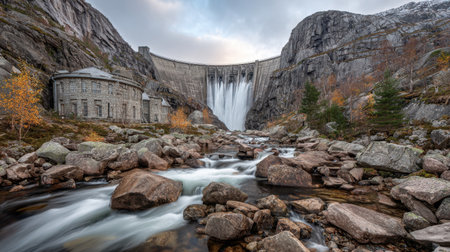Stunning view of a waterfall flowing over a large dam, framed by striking rock formations and autumn foliage, creating a serene natural scene.の素材