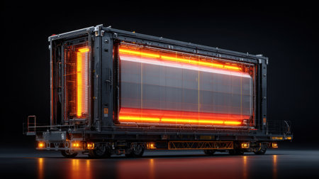 This striking image showcases a futuristic industrial container with glowing elements and intricate design, set against a dark background. Perfect for illustrating innovation and modern technology concepts.の素材