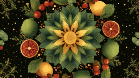 This intricate floral mandala design showcases vibrant citrus fruits surrounded by lush green leaves, creating a captivating pattern on a dark background.の素材