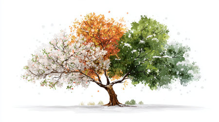 A beautiful artistic illustration of a tree representing the four seasons, showcasing vibrant colors of spring blossoms, summer greens, autumn oranges, and winter whites.の素材