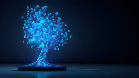 A stunning digital representation of a tree with vibrant blue leaves set against a dark background, blending nature and technology seamlessly to create a mesmerizing effect.の素材
