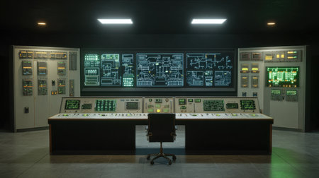 A sleek and modern control room featuring advanced technology and high-tech displays. The setup is designed for monitoring industrial operations effectively.の素材