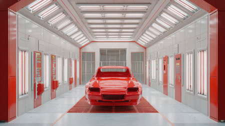 A striking red car stands in a modern automotive paint booth, highlighting the bright lighting and pristine surroundings essential for a high-quality finish.の素材