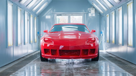 A striking red sports car stands prominently in a well-lit paint booth, showcasing its sleek lines and glossy finish, perfect for automotive enthusiasts.の素材