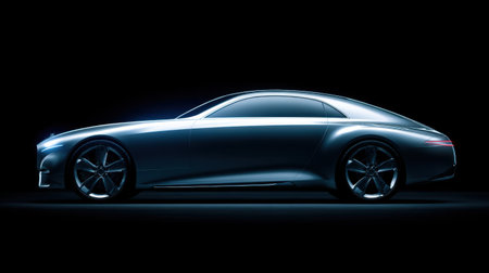 A striking representation of a futuristic car, showcasing a smooth silhouette and innovative design. Subtle lighting enhances its elegance against a dark backdrop.の素材