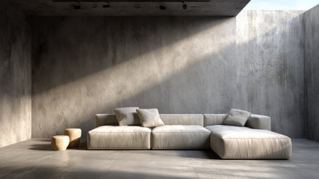 A spacious minimalist living room featuring a stylish sectional sofa against textured concrete walls. Natural light streams in, creating a serene and inviting atmosphere perfect for relaxation and modern living.の素材