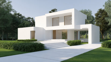 This image captures a sophisticated minimalist white house, showcasing modern architecture amidst lush greenery and a serene blue sky, ideal for design inspiration.の素材