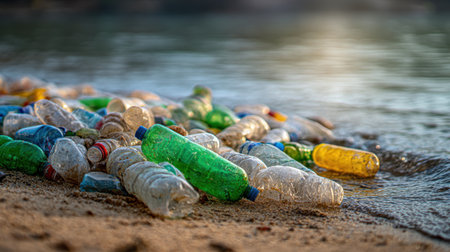 A collection of discarded plastic bottles scattered along a sandy beach, illustrating the urgent issue of environmental pollution and its impact on nature.の素材