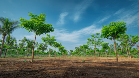 Beautiful tree plantation featuring vibrant green trees under a vivid blue sky. The serene rural landscape reflects growth and sustainability in nature.の素材