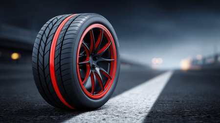 A striking image of a high-performance racing tire resting on an urban asphalt road, with blurred background lights creating a dynamic atmosphere. Perfect for automotive themes.の素材