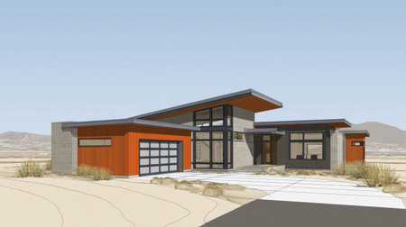 A stunning modern home featuring unique angular rooflines and vibrant exterior colors set against a serene desert backdrop, showcasing innovative design.の素材