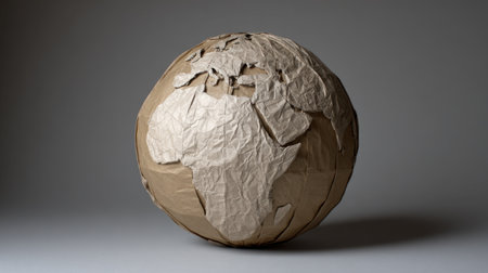This artistic representation of the Earth is crafted from crumpled brown paper, showcasing continents and oceans in a unique texture. Perfect for environmental themes.の素材