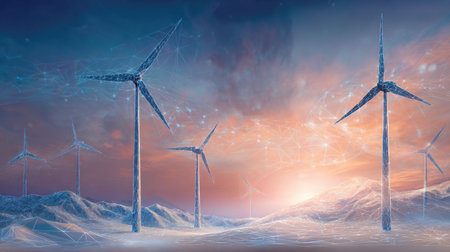 A stunning digital representation of wind turbines standing tall against a vibrant sunset, surrounded by a mountainous landscape, symbolizing renewable energy.の素材