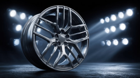 This striking silver alloy wheel features a sleek design accentuated by dramatic spotlight effects, epitomizing modern automotive elegance and performance.の素材