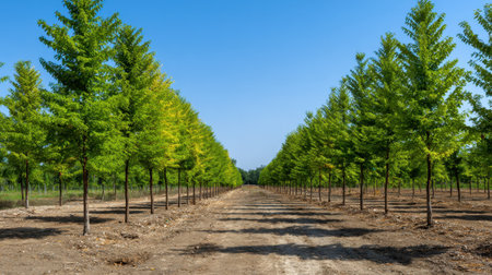 A breathtaking view of a tree-lined path under a clear blue sky showcases lush green foliage in a serene, peaceful setting perfect for outdoor enthusiasts.の素材