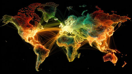 This vibrant image showcases a world map illuminated with colorful light connections, symbolizing global communication and interaction. Ideal for themes of technology and networks.の素材