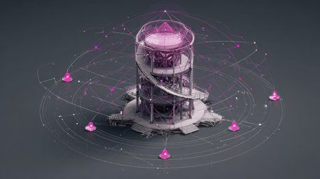 This image features a futuristic structure surrounded by abstract connectivity lines and geometric shapes, showcasing innovation and technology in a digital world.の素材