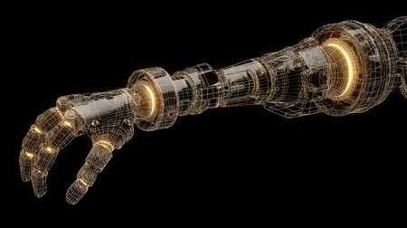 This image features a futuristic robotic hand presented in a detailed wireframe design, showcasing advanced technology and automation concepts.の素材
