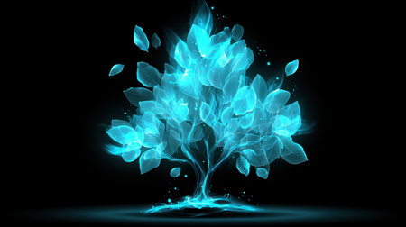 This stunning digital artwork features a vibrant blue tree with glowing leaves set against a dark background. The ethereal design radiates a magical ambiance, perfect for conveying themes of serenity and creativity.の素材