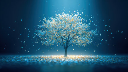A stunning visual of a solitary tree adorned with glowing leaves and delicate petals, creating a magical atmosphere in soft blue light. Perfect for nature themes.の素材