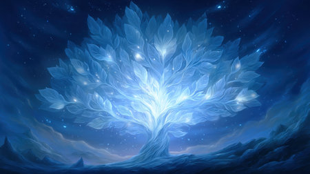 This captivating image features an ethereal tree with glowing leaves set against a deep starry night sky, creating a serene and magical atmosphere perfect for fantasy and nature themes.の素材