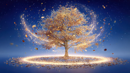 A mesmerizing tree surrounded by swirling leaves and a sparkling effect creates a magical atmosphere on a serene night background. Perfect for fantasy themes.の素材