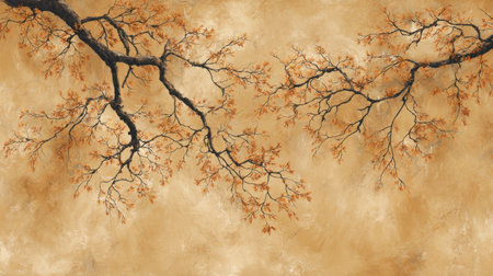 This artwork features abstract branches of trees adorned with autumn leaves set against a soft golden background, creating a serene and tranquil atmosphere.の素材