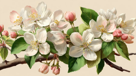 A captivating arrangement of delicate apple tree blossoms with soft pink buds nestled among lush green leaves, set against a light background.の素材