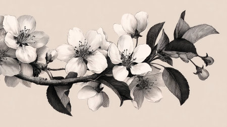 A beautifully detailed illustration featuring an elegant branch adorned with delicate white flowers and lush leaves, set against a neutral background.の素材