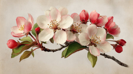 This stunning image showcases a branch adorned with delicate pink and white blossoms against a vintage textured background, evoking spring's beauty.の素材